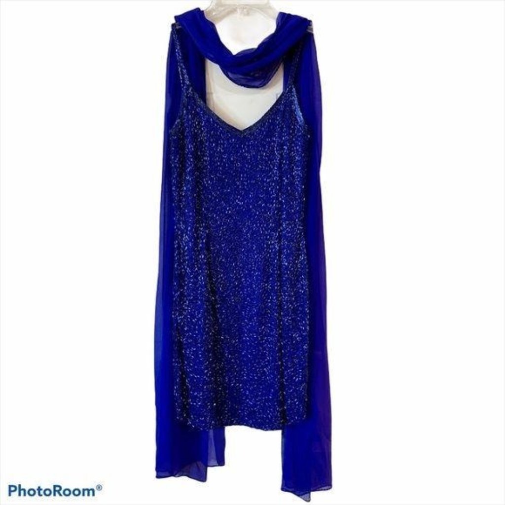Vintage 90s Oleg Cassini Cobalt Blue Beaded Cocktail Dress 2